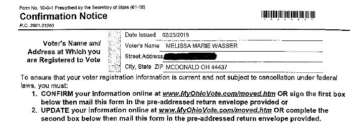 A confirmation notice sent by John Husted's Ohio Secretary of State's office to Ohio voter. Subject of the Husted v. A Philip Randolph Institute case before the Supreme Court.