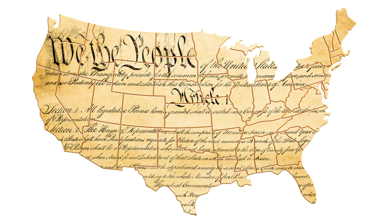 The United States Constitution concept with map and text . 3D rendering