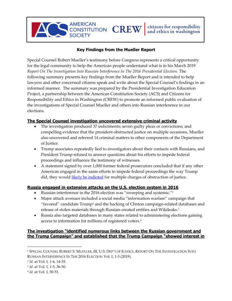 The Mueller Report and Congressional Investigations | ACS