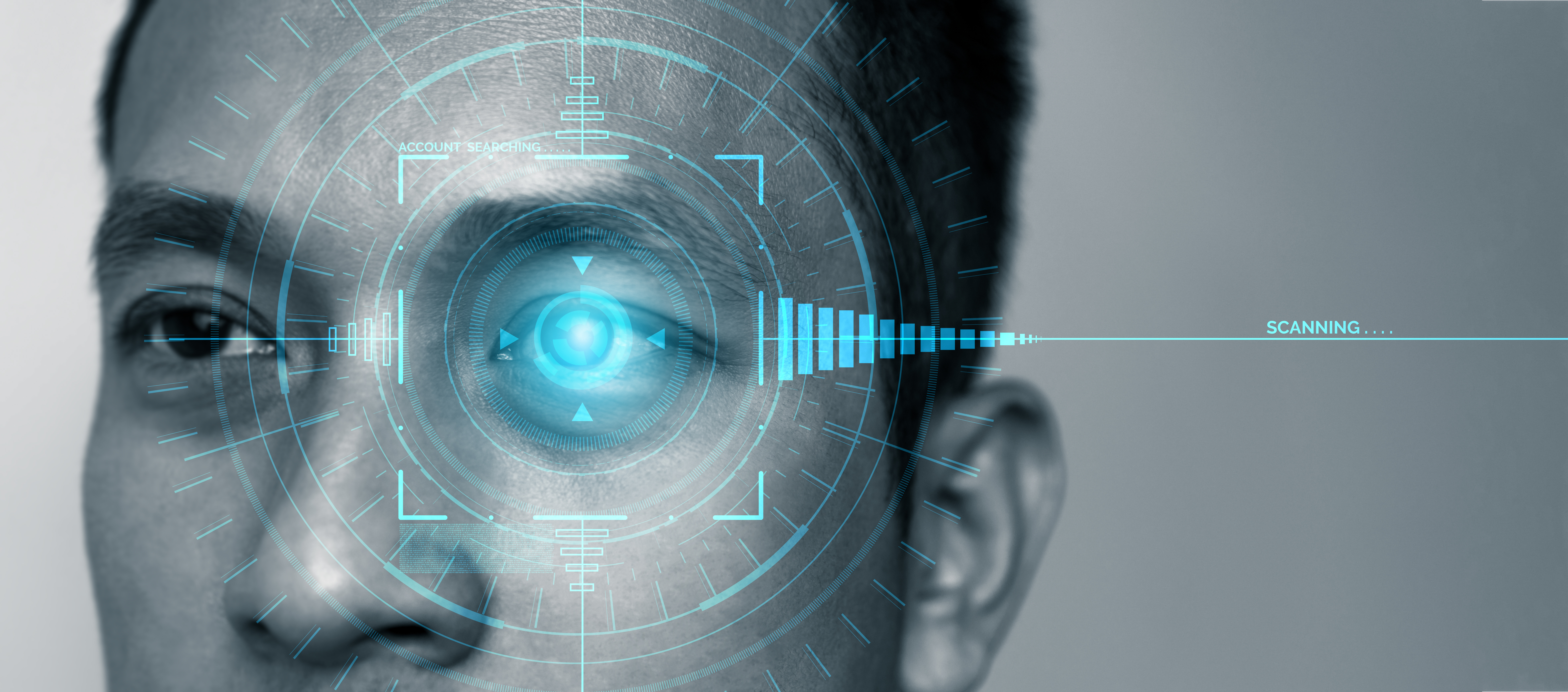 Future cyber security data protection by biometrics scanning with human eye to unlock and give access to private digital data. Futuristic technology innovation concept.