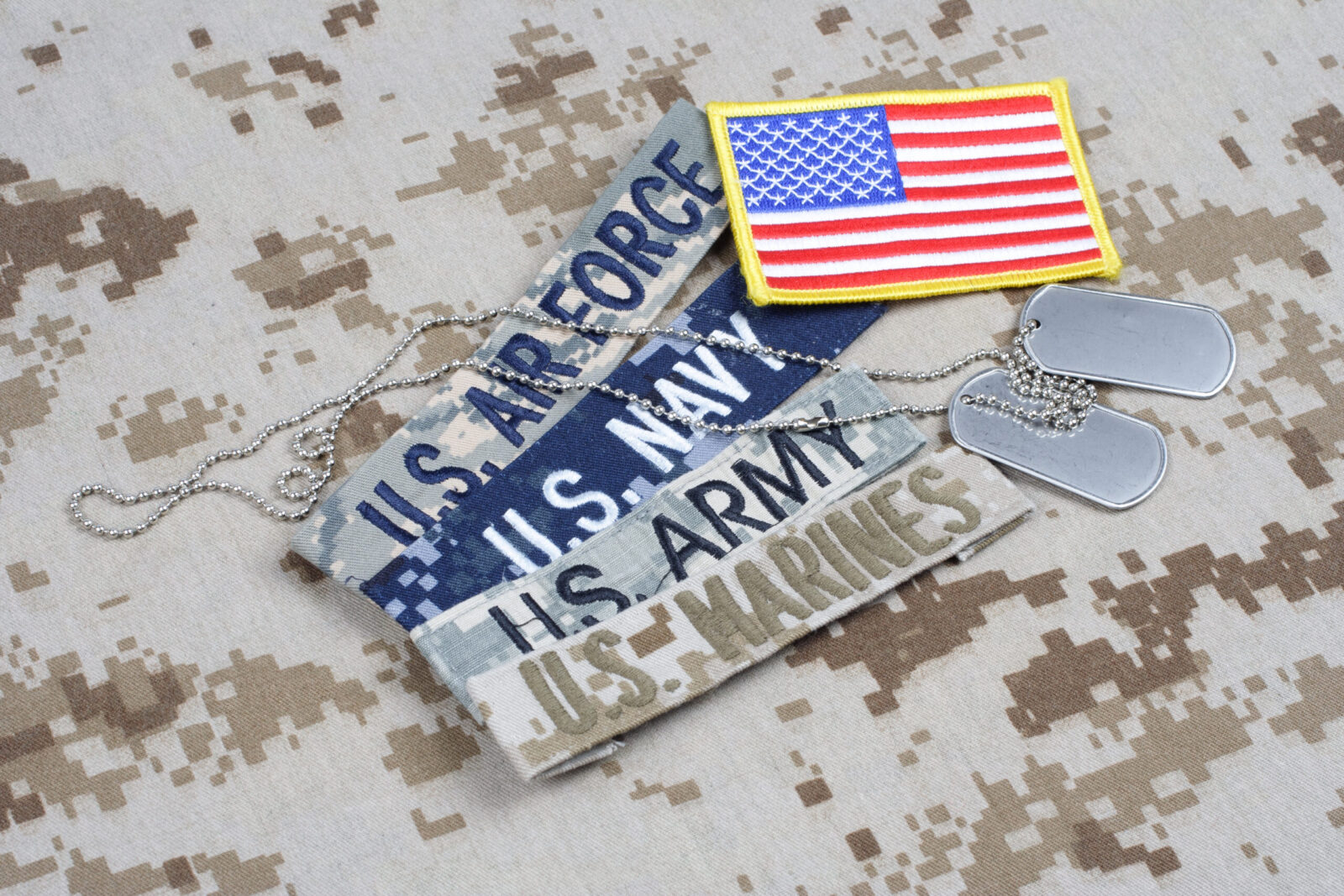 Branch tapes and dog tags on camouflage uniform