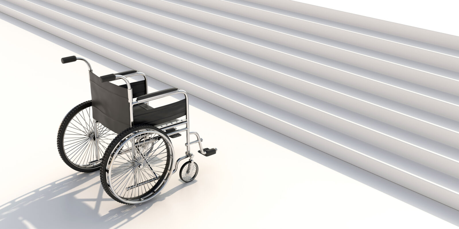 Empty wheel chair infront of a staircase, accessibility problem for disabled and handicapped concept. 3d illustration