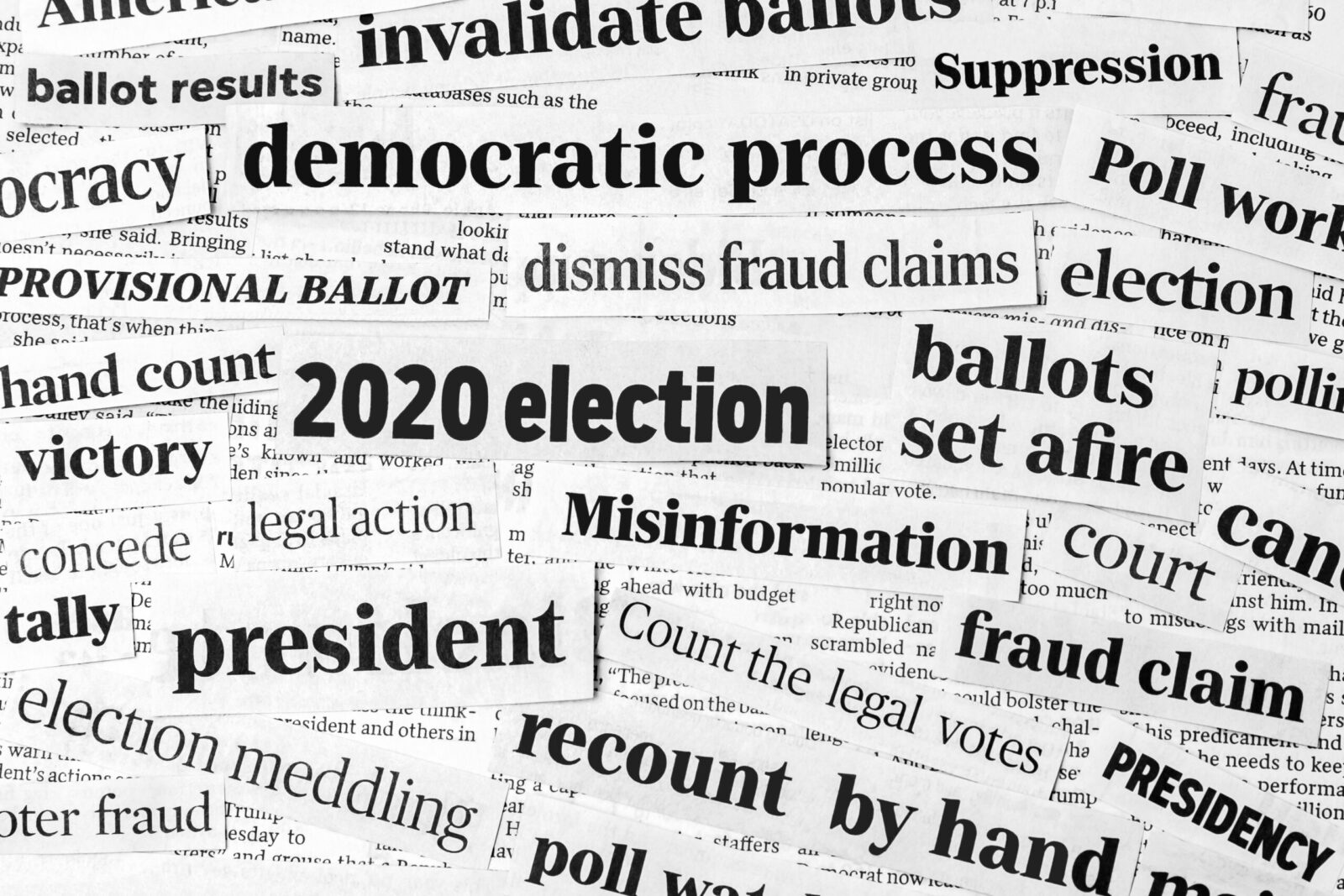 collage of newspaper headlines regarding the 2020 election including "democratic process" "dismiss fraud claims" "ballots set afire" "suppression" "invalidate ballots" "recount by hand"