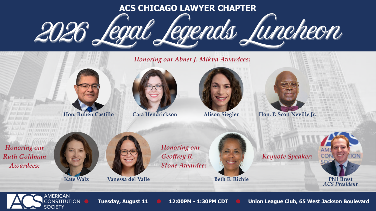 ACS Chicago Lawyer Chapter 2016 Legal Legends Luncheon banner with eight honorees' headshots and event details on a city backdrop.