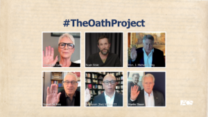 Group portrait grid for The Oath Project featuring six celebrities raising their right hands in oath gesture.