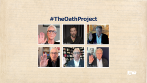 Six participants in The Oath Project raise their right hands in a grid, with each photo labeled with a name below it.